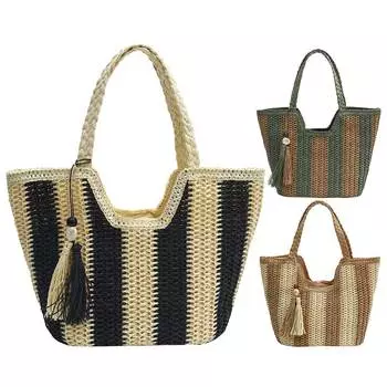 Летняя соломенная полосатая сумка на плечо, большая вместительная сумка для подмышек ручной работы с кисточкой, женская богемная вязаная сумка-тоут чёрный