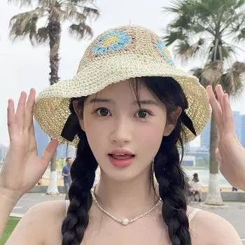 Летняя соломенная шляпа Dopamine Color с защитой от солнца, женская пляжная шляпа с защитой от ультрафиолета и цветочным крючком M56-58cm чёрный