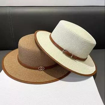 Летняя соломенная шляпа с плоскими полями, плетеная из соломы, пляжная шляпа для прогулок на море, соломенная шляпа с плоским верхом, женская солнцезащитная соломенная шляпа, модная M56-58cm чёрный