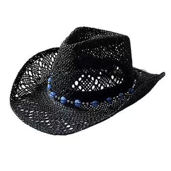 Летняя соломенная шляпа с вырезами, складная регулируемая бусина, декор с загнутыми краями, ветрозащитный ремешок, однотонная уличная кепка в ковбойском стиле в западном стиле чёрный