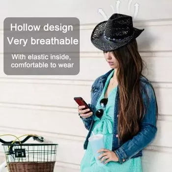 Летняя соломенная шляпа с вырезами, складная регулируемая бусина, декор с загнутыми краями, ветрозащитный ремешок, однотонная уличная кепка в ковбойском стиле в западном стиле чёрный