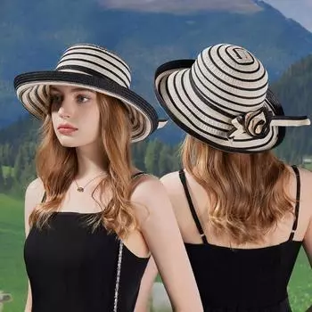 Летняя соломенная шляпа женская полосатая шляпа рыбака с большими полями для защиты от солнца кофейный/красный