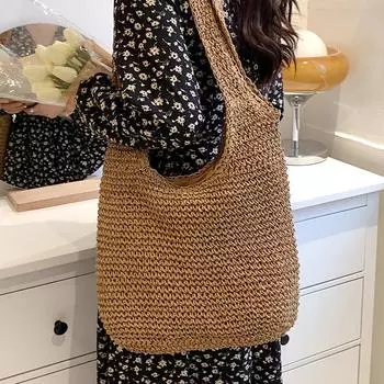 Летняя соломенная сумка большой вместимости, тканая сумка на плечо ручной работы, праздничные приморские пляжные сумки, повседневная пригородная сумка, новая сумка-тоут 33*11*27cm бежевый