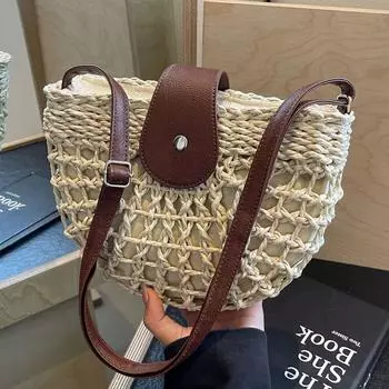 Летняя соломенная сумка для женщин, модные полукруглые сумки через плечо из ротанга, сумка-мессенджер ручной работы, дорожные пляжные сумки-тоут 27 x 18 x 6cm бежевый