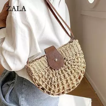 Летняя соломенная сумка для женщин, модные полукруглые сумки через плечо из ротанга, сумка-мессенджер ручной работы, дорожные пляжные сумки-тоут 25*7*17cm бежевый