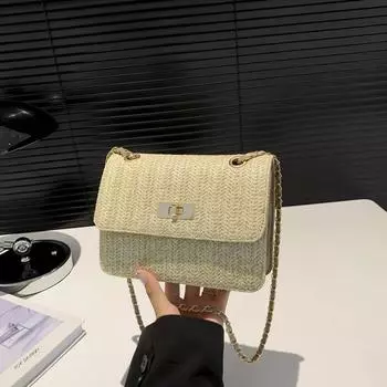 Летняя соломенная сумка с замком 2024 года, иностранный стиль, новая мода, индивидуальный пляжный тренд, текстура, цепочка, сумка-мессенджер через плечо белый