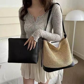 Летняя соломенная сумка в этническом стиле, сумка на подмышку, модная простая сумка для мам, универсальная сумка через плечо коричневый