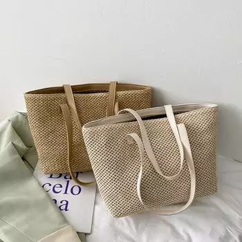 Летняя соломенная сумка, женская большая вместительная плетеная сумка-тоут, пляжная сумка ручной работы из ротанга, женская соломенная сумка на плечо для отпуска, сумка 31x13x25.5cm бежевый