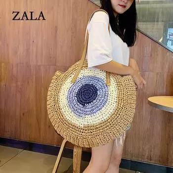 Летняя соломенная сумка, женская круглая пляжная сумка, тканая сумка на плечо ручной работы из ротанга, сумка для отпуска, большая вместительная сумка с ручкой 30*2*43cm коричневый
