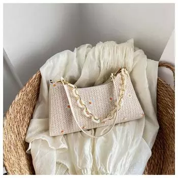 Летняя соломенная тканая сумка через плечо, женская сумка в западном стиле, универсальная тканая сумка через плечо на одно плечо с цепочкой хаки