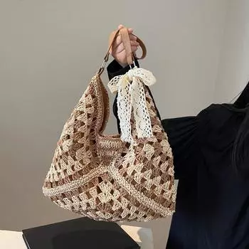 Летняя соломенная вязаная сумка, ажурная сумка, пляжная сумка через плечо, дорожная сумка для отдыха, сумка через плечо в стиле бохо для женщин 36x2x36cm чёрный