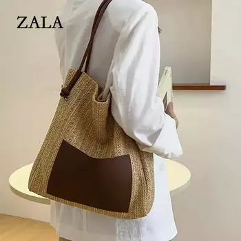 Летняя соломенная женская тканая сумка на плечо, праздничная пляжная сумка из ротанга, лоскутная сумка-тоут 34x9x33cm дубильная кора