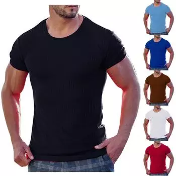 Летняя спортивная футболка для фитнеса и отдыха с вертикальной планкой и круглым вырезом с коротким рукавом XL синий