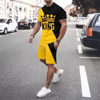 Летняя спортивная футболка, модный мужской спортивный костюм из 2 предметов, повседневные мужские шорты с круглым вырезом, одежда из двух предметов Harajuku 5XL