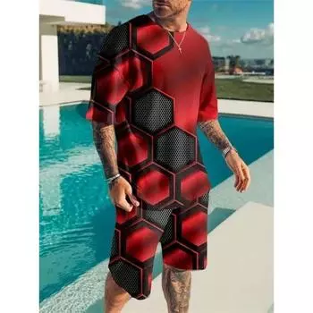 Летняя спортивная мужская футболка шорты из двух частей с мелкой 3D текстурой печати свободные однотонные с короткими рукавами модные мужские комплекты S