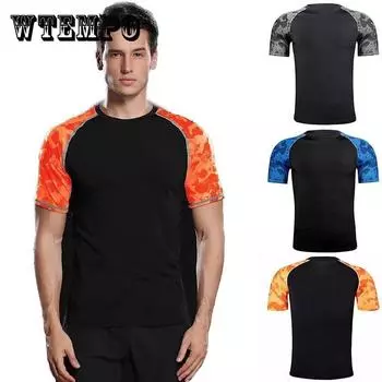 Летняя спортивная рубашка, мужская футболка с коротким рукавом, эластичные футболки для фитнеса, дышащий повседневный быстросохнущий топ, камуфляжные колготки контрастного цвета XL оранжевый