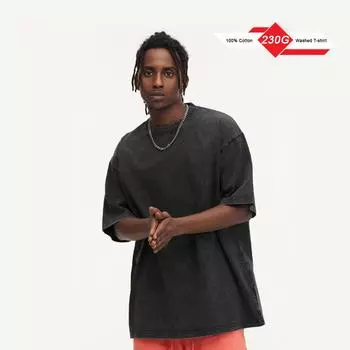 Летняя стираная футболка для мужчин и женщин, хлопковая свободная футболка 230 г большого размера, мужские корейские топы Y2k, повседневная винтажная футболка с коротким рукавом S чёрный
