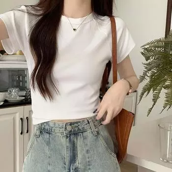 Летняя стройнящая и красивая маленькая футболка с высокой талией, горячая девчачья короткая обтягивающая женская футболка с правым плечом из чистого хлопка с короткими рукавами S