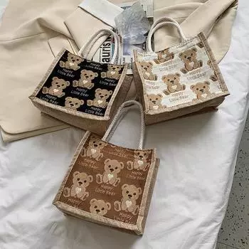 Летняя сумка Bento, женская сумка-тоут 2024 дюйма, милая мультяшная студенческая универсальная ручная сумка из льна