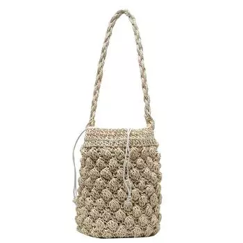 Летняя сумка через плечо ручной работы для женщин, пляжная плетеная соломенная сумка на плечо с завязками 18x15x22cm бежевый