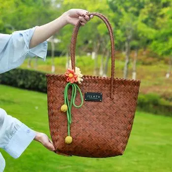 Летняя сумка ручной работы: Вместительная переносная пляжная и овощная корзина для женщин (Издание 2025 г.) Without Decoration Without Logo