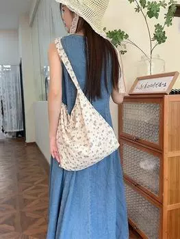 Летняя сумка с цветочным принтом, женская модная холщовая сумка, большая вместительная сумка-мессенджер для поездок на работу через подмышку