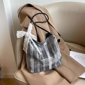 Летняя сумка-ведро Niche Plaid Underarm Bag Осенняя мода Портативная сумка-ведро Кружевная изысканная сумка-ведро через плечо