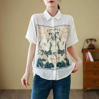 Летняя свежая рубашка с акварельным принтом, мягкая, дышащая, двухслойная пряжа, свободный воротник, короткий рукав, женские блузки и рубашки M белый