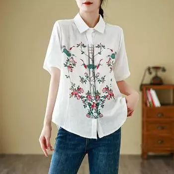 Летняя свежая рубашка с акварельным принтом, мягкая, дышащая, двухслойная пряжа, свободный воротник, короткий рукав, женские блузки и рубашки M белый