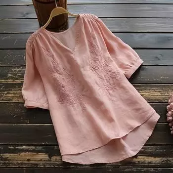 Летняя свежая вышитая свободная футболка с V-образным вырезом, повседневный свитер из хлопка и льна с короткими рукавами для женщин M белый