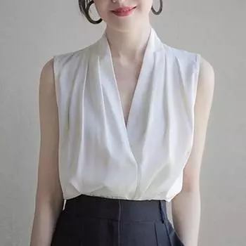 Летняя свободная безрукавка с V-образным вырезом, женская майка, тонкая модная, элегантная, плиссированная, атласная, майка, повседневная, простая, женская, больших размеров, женская одежда 2740 S темно-синий