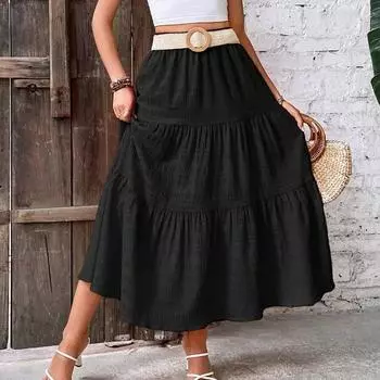Летняя свободная черная длинная юбка А-силуэта, женская элегантная облегающая модная новая плиссированная женская юбка, винтажная простая женская юбка с высокой талией 25921 S чёрный