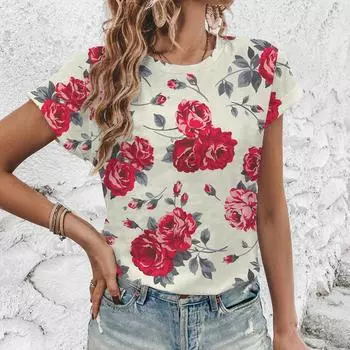 Летняя свободная дышащая повседневная женская футболка, элегантная простая модная футболка, высококачественная винтажная футболка с цветочным принтом и круглым вырезом S