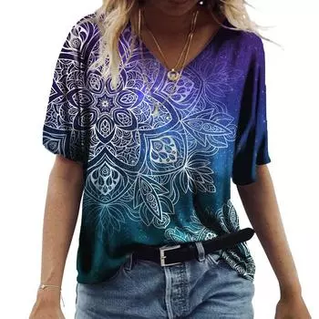 Летняя свободная футболка для пар XL-7XL, футболка больших размеров, женские топы с v-образным вырезом и короткими рукавами, повседневные футболки с 3D цветочным принтом XL