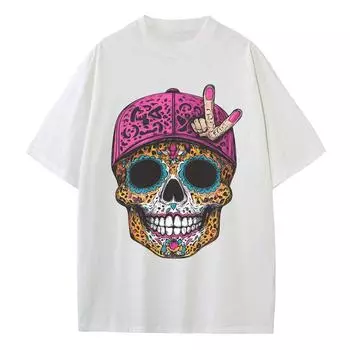 Летняя свободная футболка Хлопковая футболка с рисунком Дизайнерская одежда Леопардовый принт Рисунок черепа Плечо Ретро Нейтральный топ Футболка S