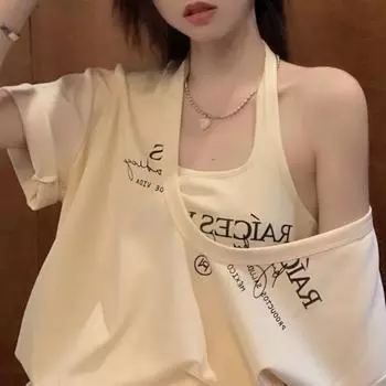 Летняя свободная футболка из двух предметов, универсальная футболка со свободными ремнями, винтажная корейская повседневная женская футболка с принтом onesize