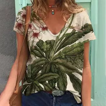 Летняя свободная футболка с 3D-принтом, короткими рукавами, ретро-цветочным принтом, женские свободные повседневные футболки с V-образным вырезом S