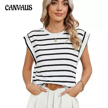 Летняя свободная футболка с коротким рукавом и круглым вырезом, полосатый топ, женская майка S