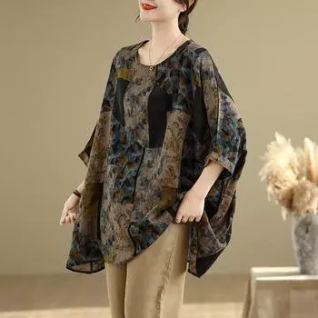 Летняя свободная футболка с круглым вырезом и рукавом три четверти one size