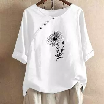 Летняя свободная футболка с круглым вырезом, пуговицами, цветочным принтом, блузка, повседневный топ для женщин, одежда больших размеров S белый