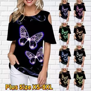 Летняя свободная футболка с открытыми плечами и короткими рукавами, женский новый дизайн, пуловер с принтом, сексуальный топ в стиле ретро, футболка большого размера с круглым вырезом