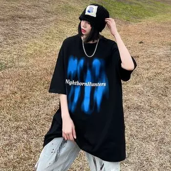 Летняя свободная футболка в американском стиле ретро, женская модная нишевая футболка с короткими рукавами и абстрактным дизайном 2XL чёрный