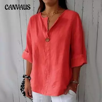 Летняя свободная футболка женская большого размера с V-образным вырезом и пуговицами