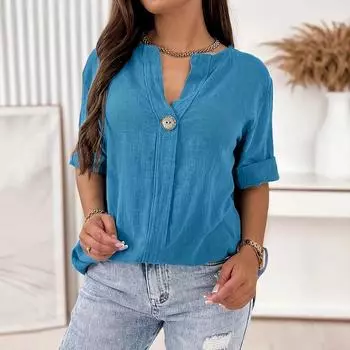 Летняя свободная футболка Женская футболка с V-образным вырезом и пуговицами S