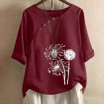 Летняя свободная футболка женская с V-образным вырезом на пуговицах с цветочным принтом блузка повседневный топ для женщин больших размеров одежда S коричневый