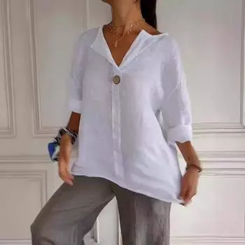 Летняя свободная футболка женская с V-образным вырезом из хлопка и льна на пуговицах S белый