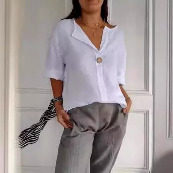 Летняя свободная футболка женская с V-образным вырезом из хлопка и льна на пуговицах S белый