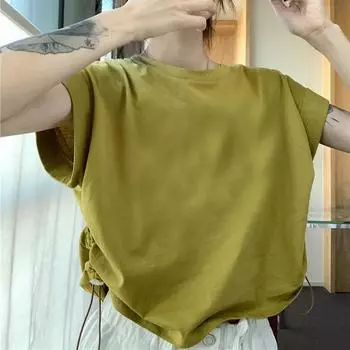 Летняя свободная хлопковая белая футболка без рукавов, женская плиссированная футболка с круглым вырезом на шнурке, модная женская футболка, топы, однотонные повседневные футболки, офисные леди 24486 S белый