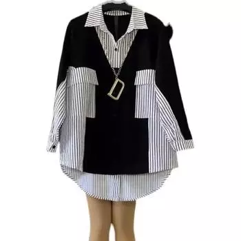 Летняя свободная и узкая рубашка для полных женщин больших размеров, средняя и длинная, в контрастную полоску, модная верхняя рубашка с рисунком «мясо» 6XL чёрный