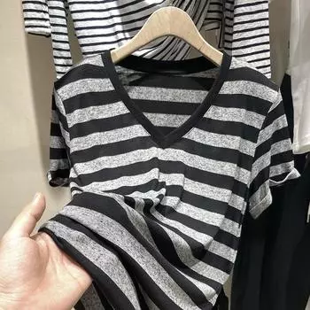 Летняя свободная короткая футболка в полоску с большим разрезом и V-образным вырезом, футболка с короткими рукавами, нижняя рубашка M чёрный